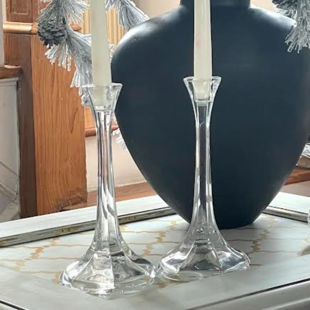 Set of 2 Crystal Clear Glass Candle Holders Decorative Table Candlestick Holders